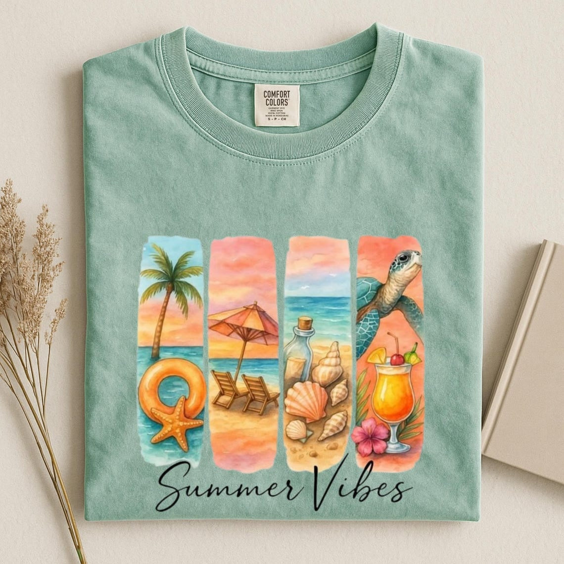 Comfort Colors Summer Vibes Shirt, Women Beach T-Shirt, Handmade Summer Tee, Tropical Vibes Tee, Coastal Cowgirl Tee, Sea Turtle Beach Shirt