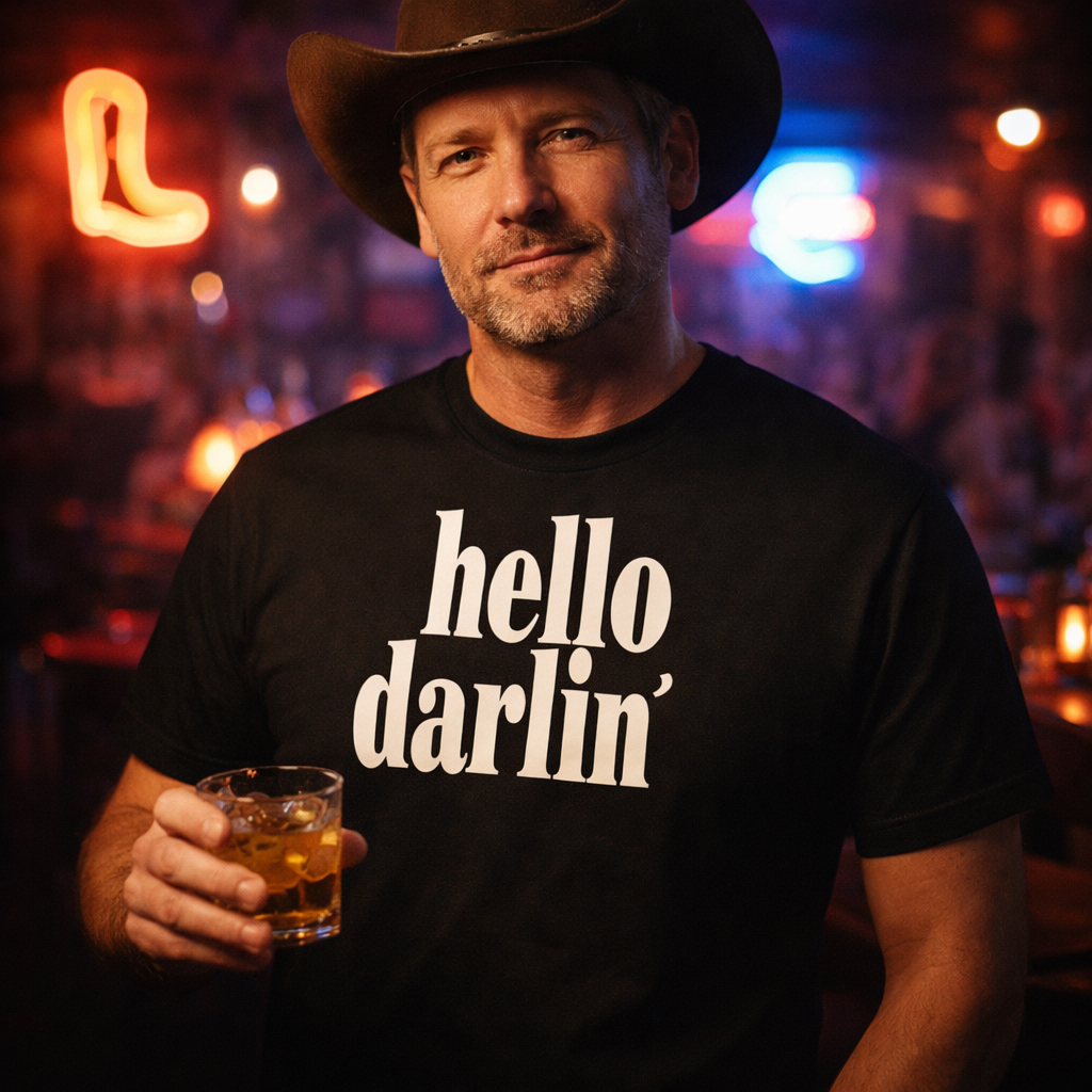 Man wearing a black t-shirt with 'hello darlin'' holding a glass in a bar setting