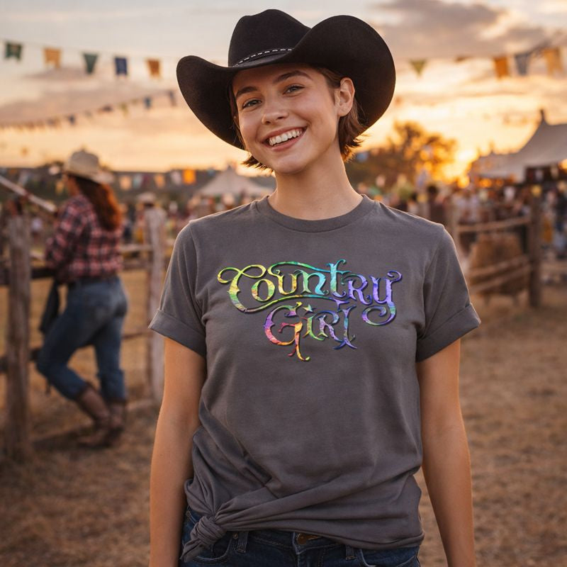 Person wearing a 'Country Girl' t-shirt with a cowboy hat in a festive outdoor setting.