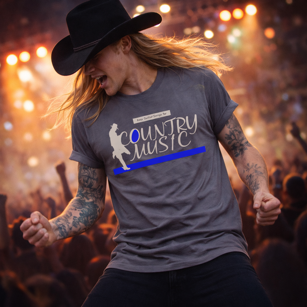 Person wearing a 'Country Music' t-shirt at a concert with a cowboy hat and tattoos.