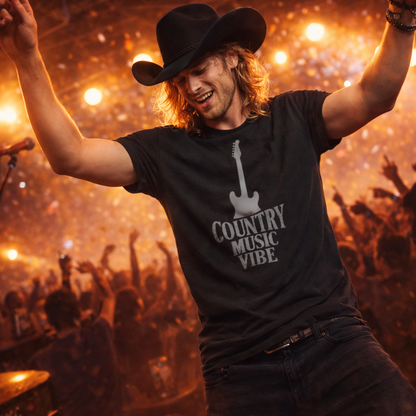 Man in cowboy hat and 'Country Music Vibe' t-shirt on stage with arms raised, surrounded by a crowd.