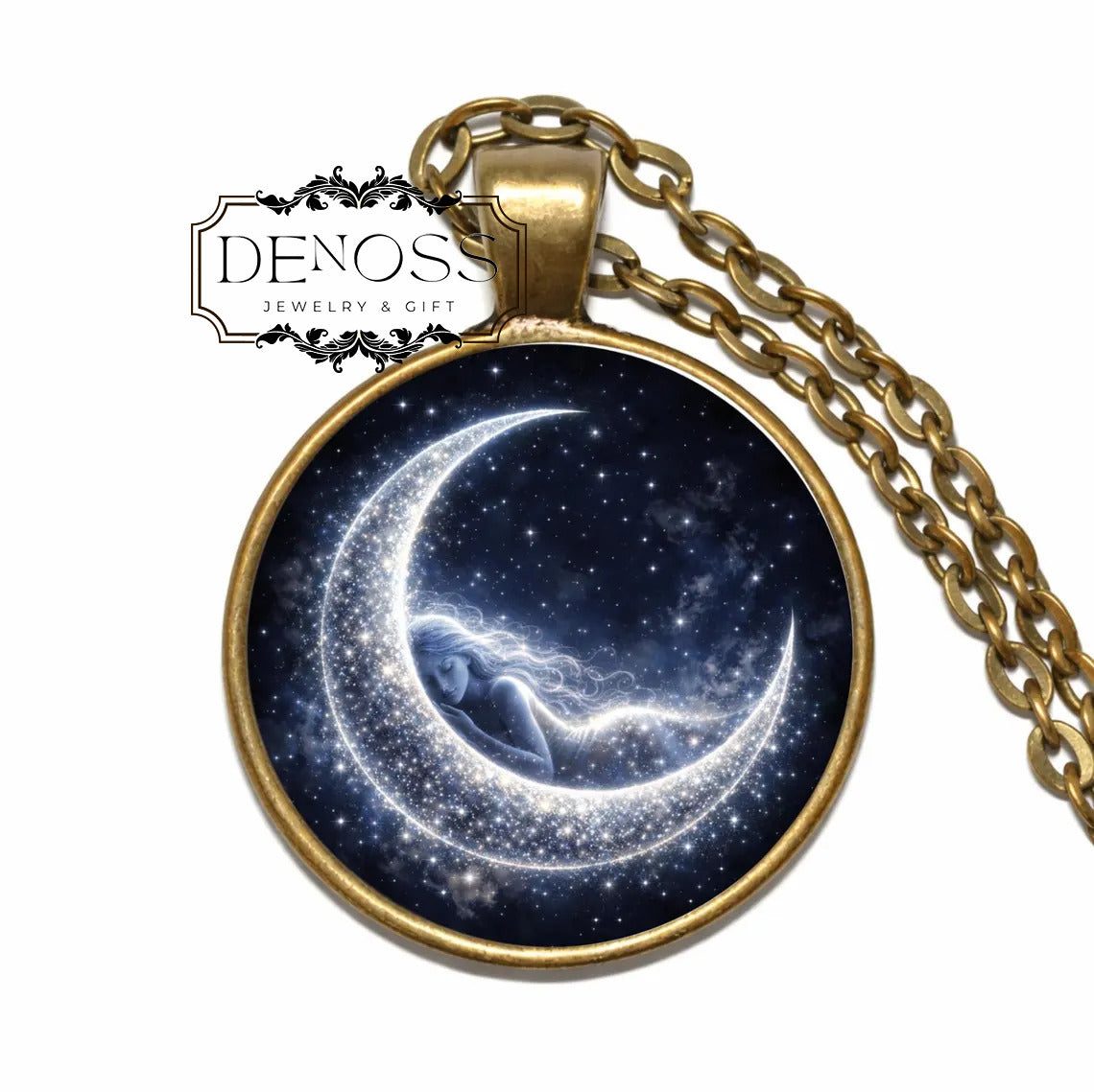 Crescent Moon Goddess Pendant,Sleeping Fairy Celestial Necklace