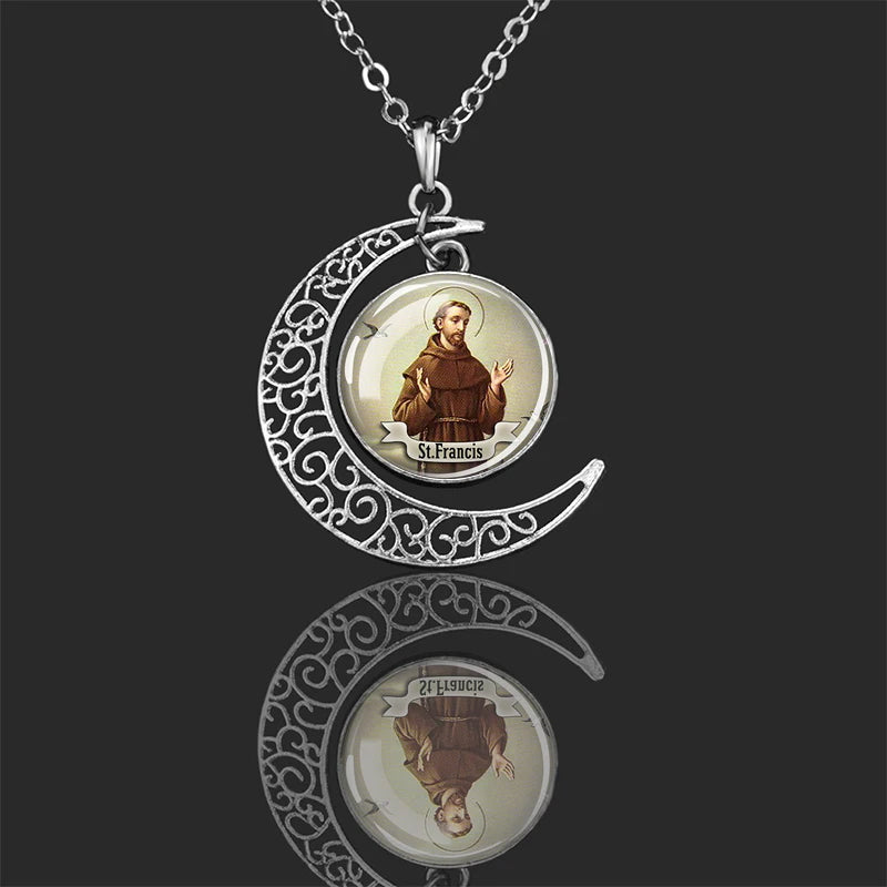 St.Francis,Christian necklace,Priest necklace,Saints Crescent necklace,Gift necklace