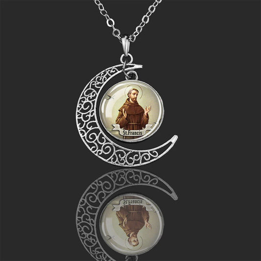St.Francis,Christian necklace,Priest necklace,Saints Crescent necklace,Gift necklace