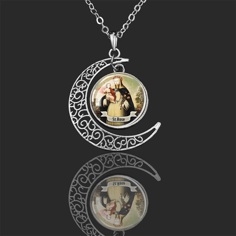 St.Rose,Christian necklace,Priest necklace,Saints Crescent necklace,Gift necklace