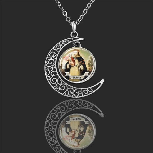 St.Rose,Christian necklace,Priest necklace,Saints Crescent necklace,Gift necklace