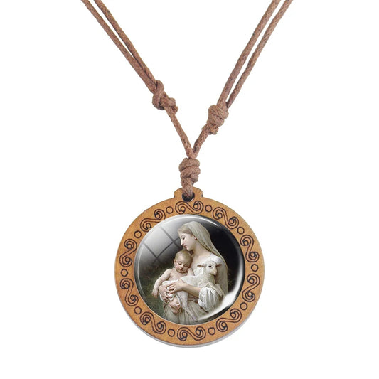 Mother Mary Wooden-Glass Christian Necklace