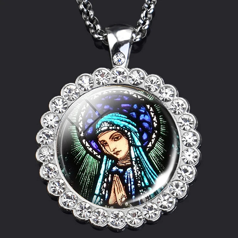 Art Nouveau Virgin Mary Stained Glass Christian necklace,Priest necklace,Gift necklace