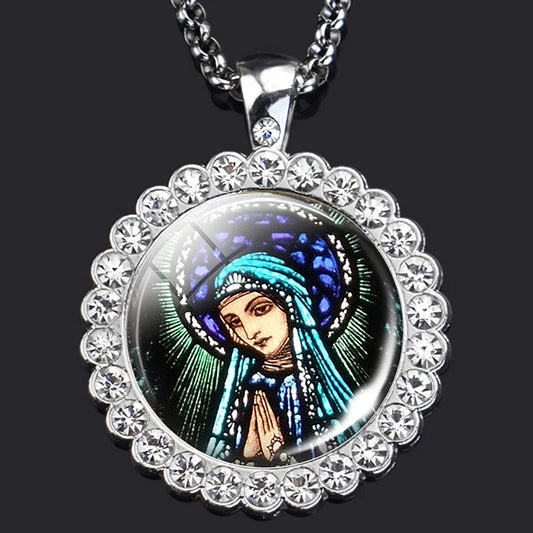Art Nouveau Virgin Mary Stained Glass Christian necklace,Priest necklace,Gift necklace