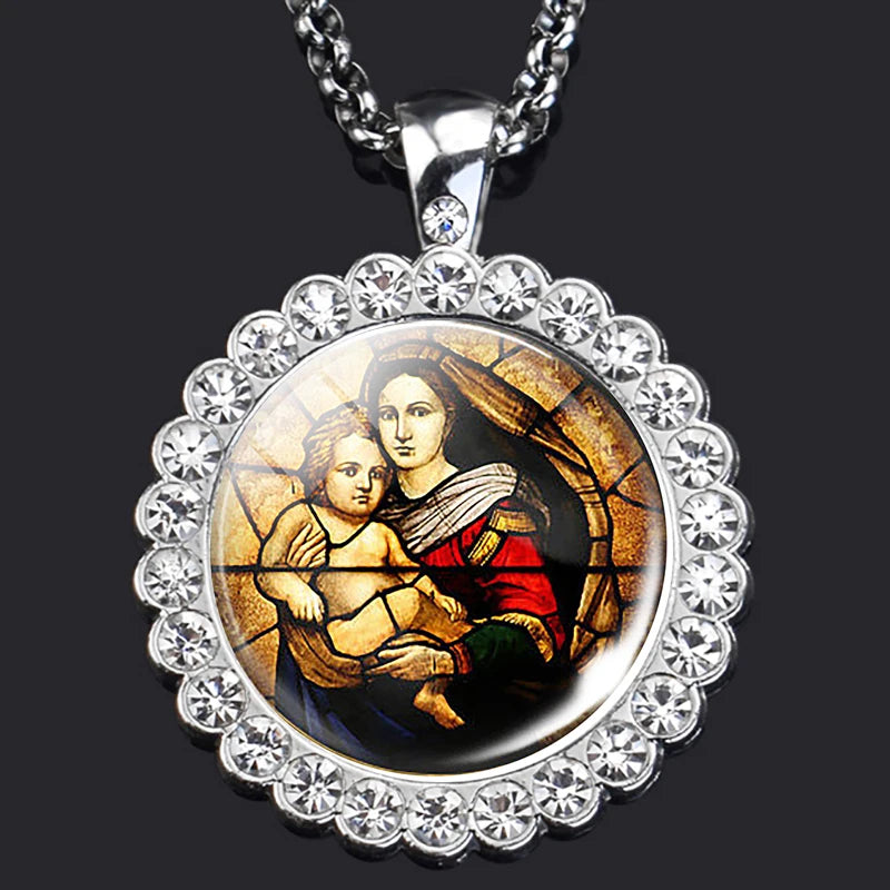 Virgin Mary and Jesus glass Christian necklace,Priest necklace,Gift necklace