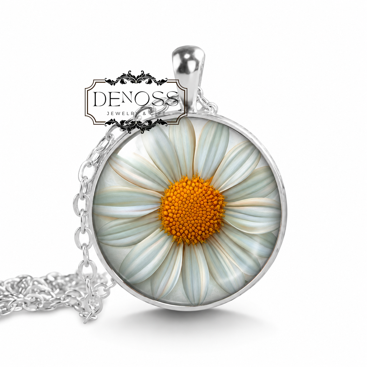 Daisy Pendant Necklace,Botanical Art Glass Cabochon Flower Jewelry