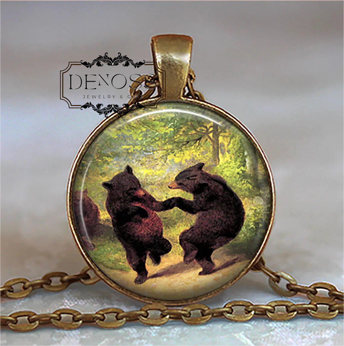 Dancing Bears necklace,Bear couple,vintage bear art,camping or dance gift,Bears nature gift