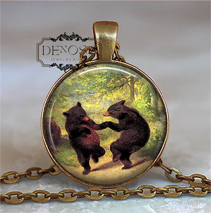 Dancing Bears necklace,Bear couple,vintage bear art,camping or dance gift,Bears nature gift
