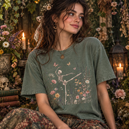 Dancing Skeleton ,Comfort Colors Shirt, Floral Skeleton Tee, Cottagecore Goth Top, Whimsigoth Clothes, Spooky Cute Gift