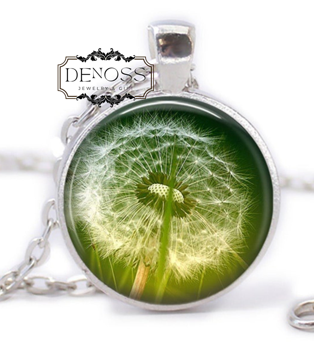 Dandelion Glass Cabochon Pendant Necklace,Make a Wish Jewelry