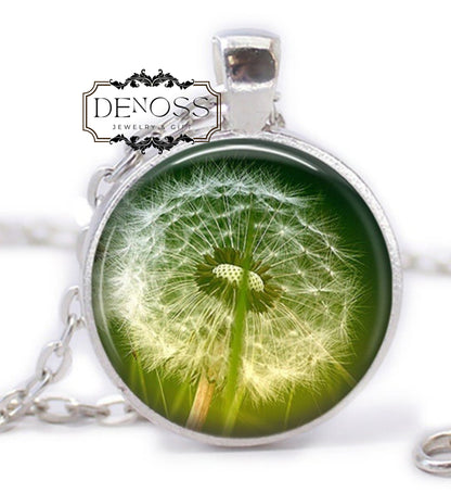 Dandelion Glass Cabochon Pendant Necklace,Make a Wish Jewelry