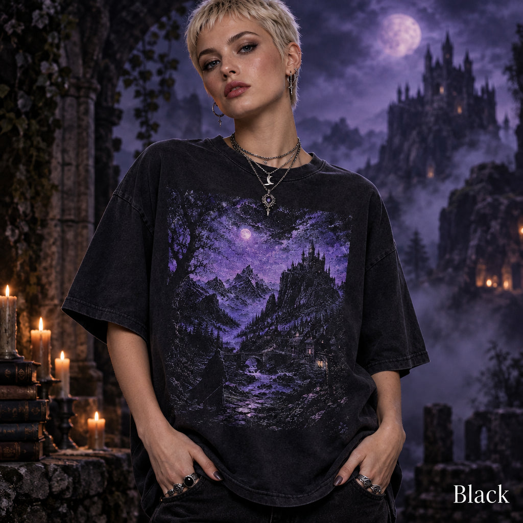 Dark Fantasy Castle Shirt, Gothic Moonlit Landscape Tee, Dark Academia Graphic T Shirt, Medieval Kingdom Comfort Colors Shirt, Friend Gift