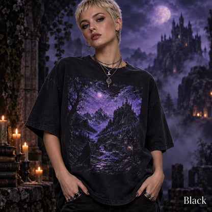 Dark Fantasy Castle Shirt, Gothic Moonlit Landscape Tee, Dark Academia Graphic T Shirt, Medieval Kingdom Comfort Colors Shirt, Friend Gift