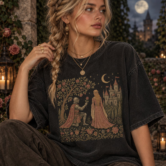 Dark Fantasy Knight Princess T-Shirt, Gothic Romance Castle Graphic Tee