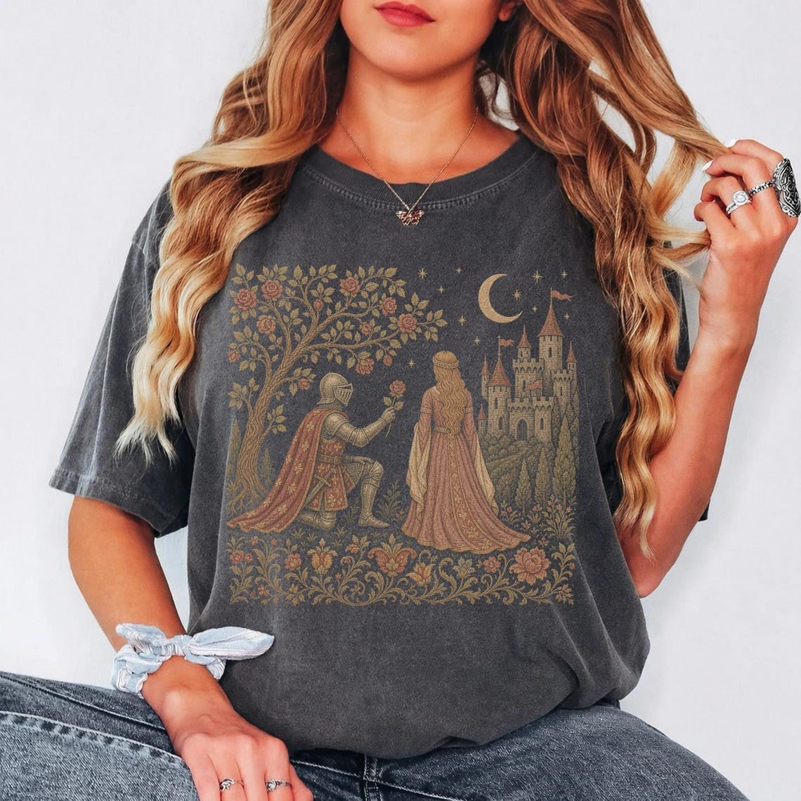 Dark Fantasy Knight Princess T-Shirt, Gothic Romance Castle Graphic Tee