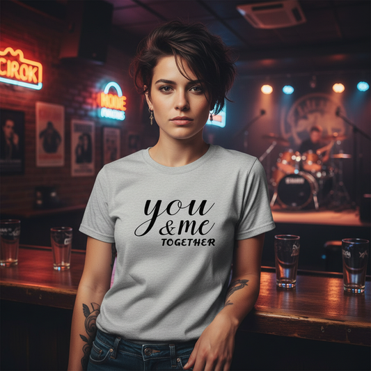Gray t-shirt with 'you & me together' text on a white background