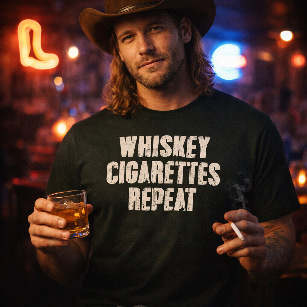 Man wearing a black t-shirt with 'WHISKEY CIGARETTES REPEAT' holding a glass of whiskey and smoking a cigarette in a bar setting.