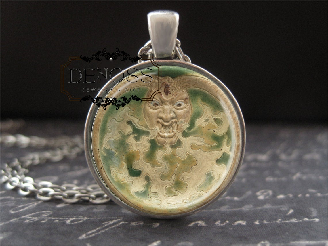 Devil Necklace ,1890 French Pottery Pendant Silver Jewelry Occult Dark Grimoire Silver Pendant Hand Crafted Gothic Jewelry Gift for Women Men