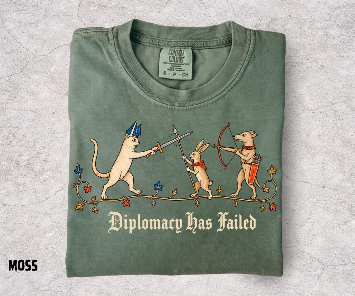 Diplomacy Has Failed Shirt, Medieval Cat Tee, Rabbit Knight Shirt, Funny Medieval Animals, Renaissance Humor, Ren Faire Tee - Denoss