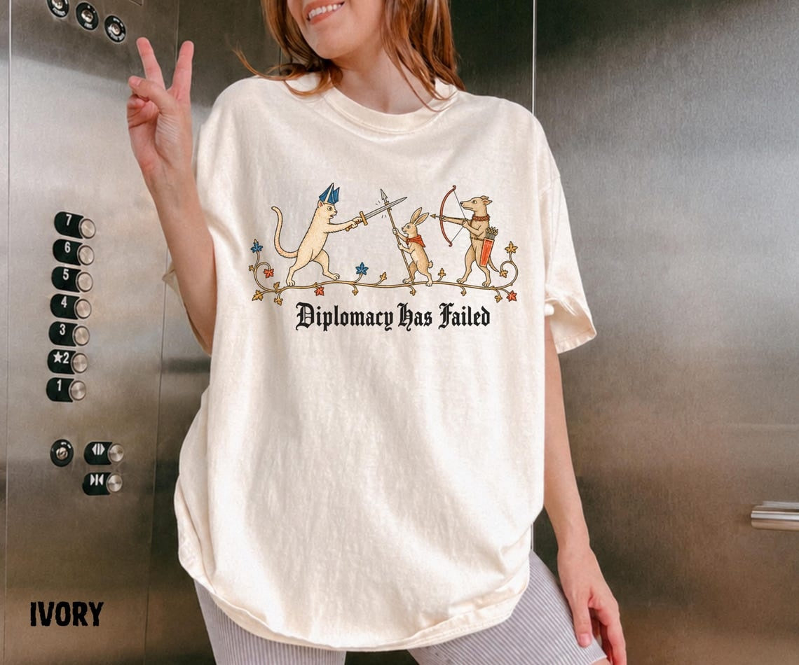 Diplomacy Has Failed Shirt, Medieval Cat Tee, Rabbit Knight Shirt, Funny Medieval Animals, Renaissance Humor, Ren Faire Tee - Denoss