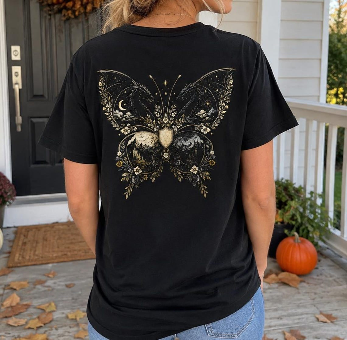 Dragon Crest Shirt, Vintage Inspired Romantasy Reader Tee, Heraldic Butterfly Graphic