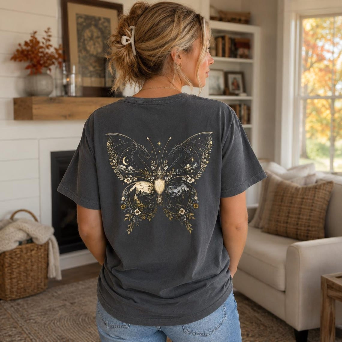 Dragon Crest Shirt, Vintage Inspired Romantasy Reader Tee, Heraldic Butterfly Graphic