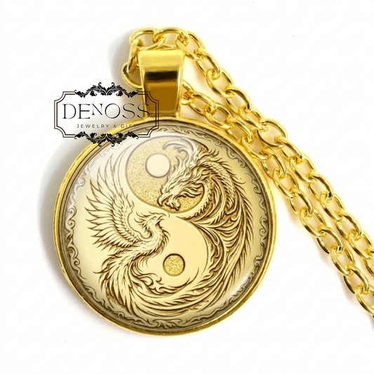 Dragon Phoenix Yin Yang Necklace,Sacred Balance Medallion,Eastern Symbol Pendant,Feng Shui Jewelry,Mythology Necklace