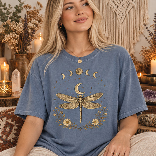 Dragonfly Shirt Light Academia 90s Celestial Bug Shirt Moon Phase Shirt ,Divine Feminine Sacred Feminine Spiritual Shirt Mystical Shirt