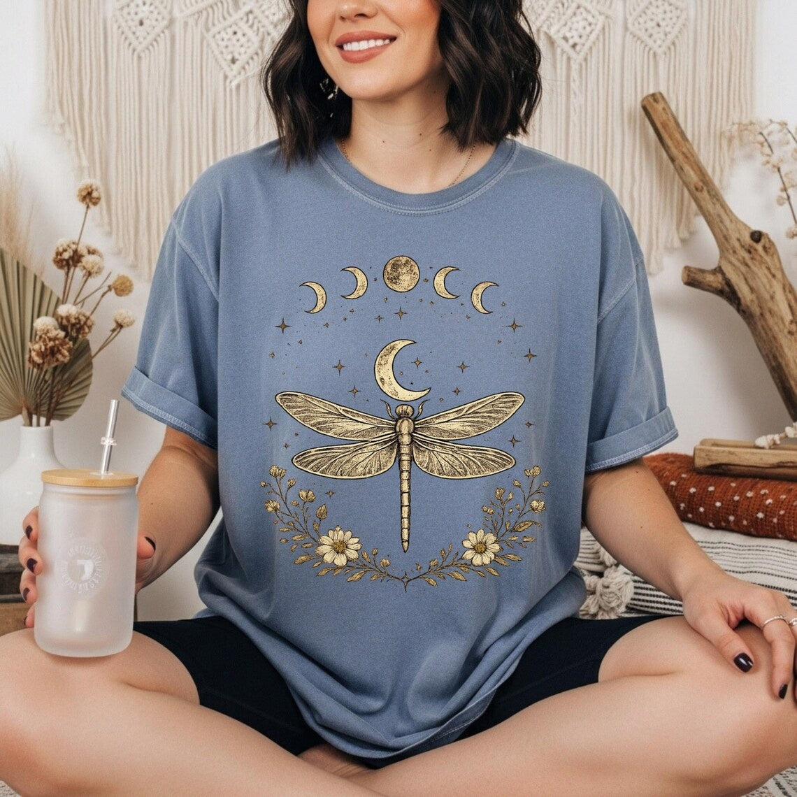 Dragonfly Shirt Light Academia 90s Celestial Bug Shirt Moon Phase Shirt ,Divine Feminine Sacred Feminine Spiritual Shirt Mystical Shirt