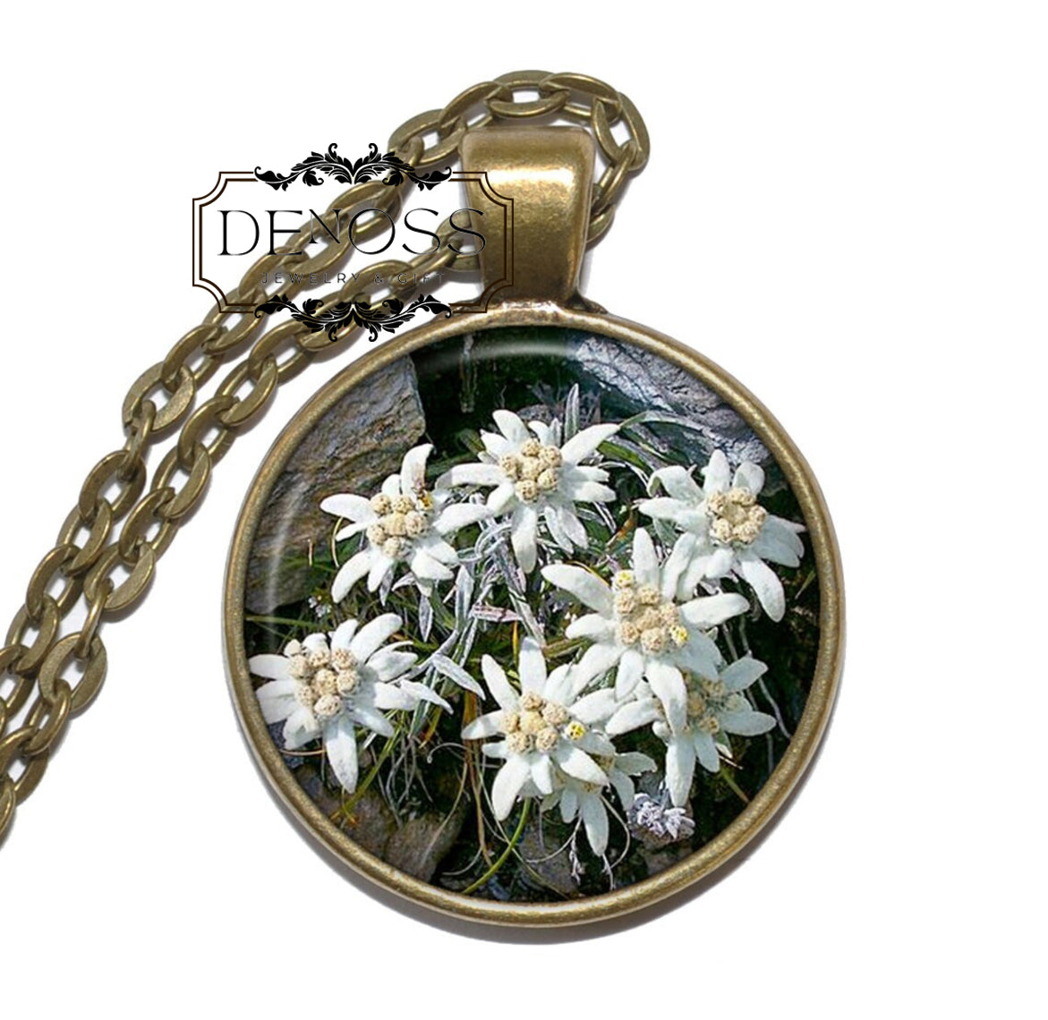 EDELWEISS Necklace,Flower Necklace,Mountain Flower,Leontopodium alpinum,Art Pendant,Glass Pendant,Handmade Jewelry