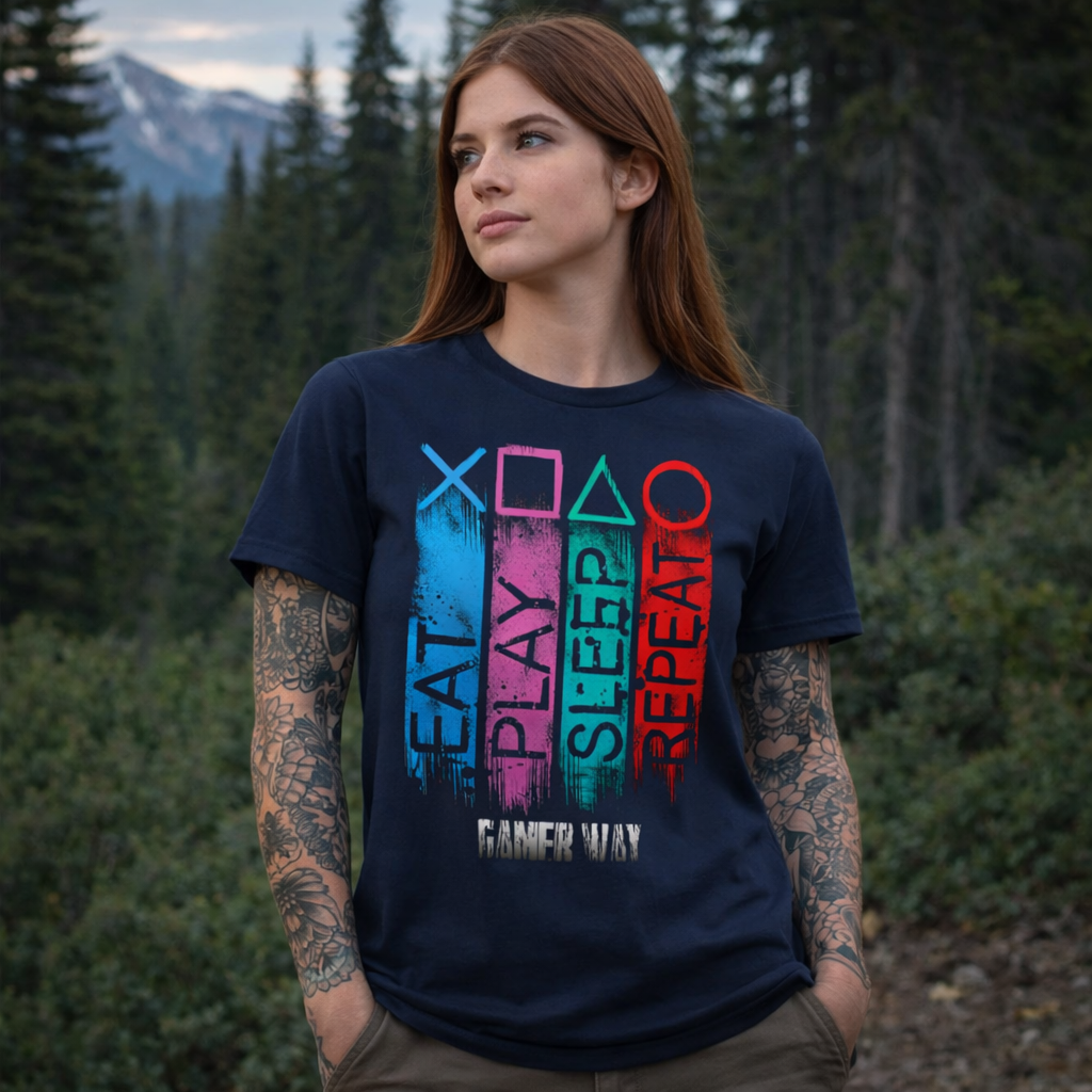 Woman wearing a black t-shirt with colorful text in a forest setting