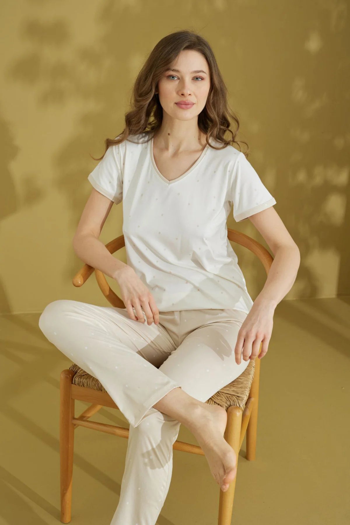 Ecru V Neck Pajama Set - Denoss