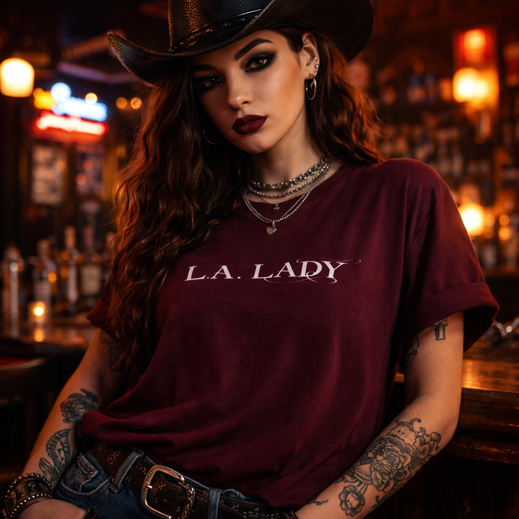 Woman wearing a maroon 'L.A. LADY' shirt in a bar setting