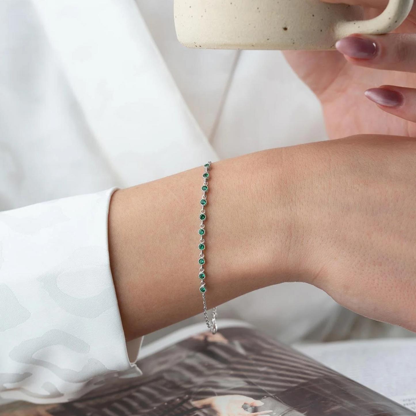 925 Sterling Silver Single Row Emerald Bracelet