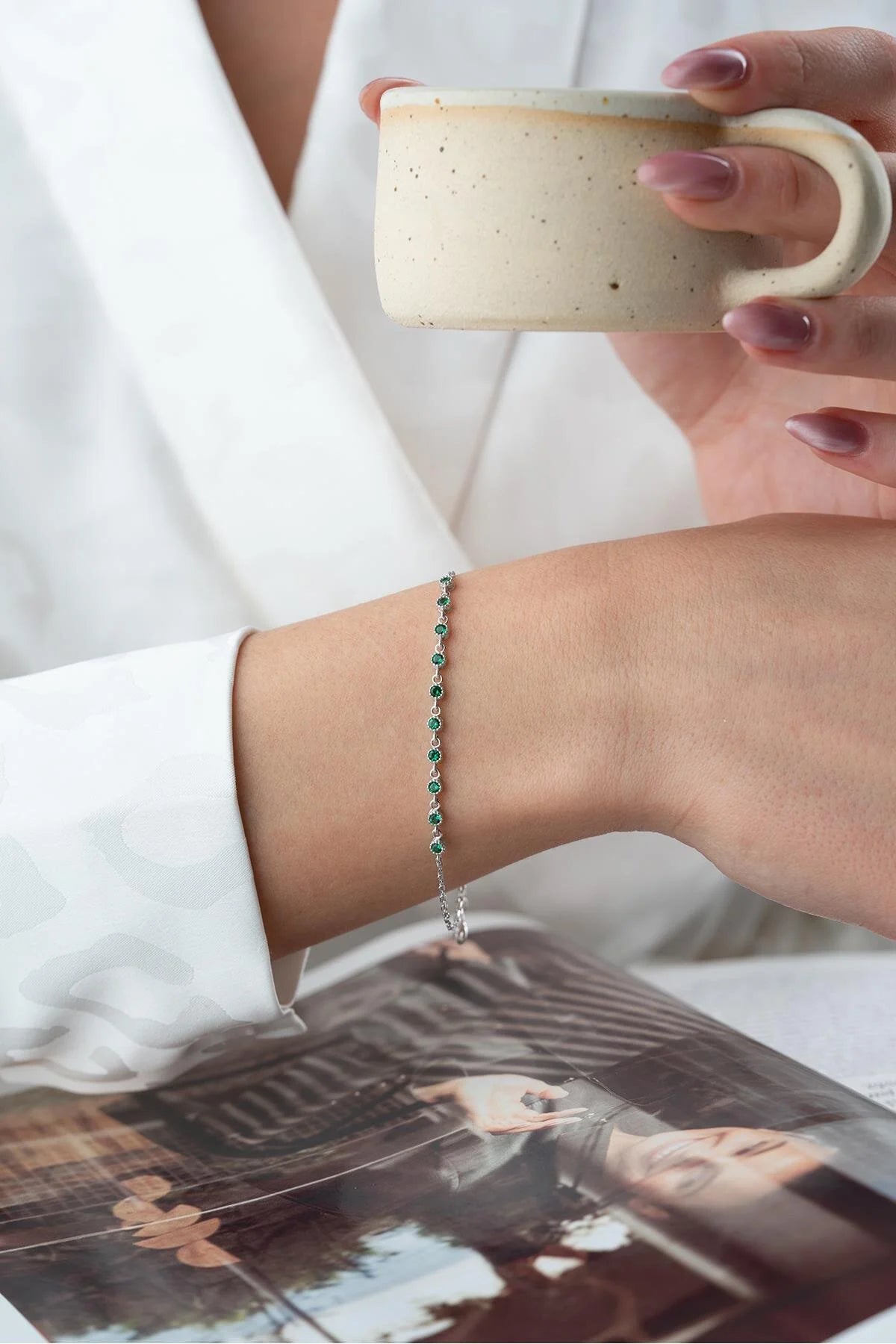 925 Sterling Silver Single Row Emerald Bracelet