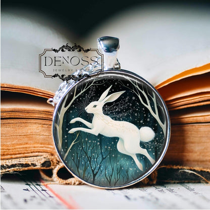 Enchanted Hare Pendant Mystical Night Scene, Hare Necklace