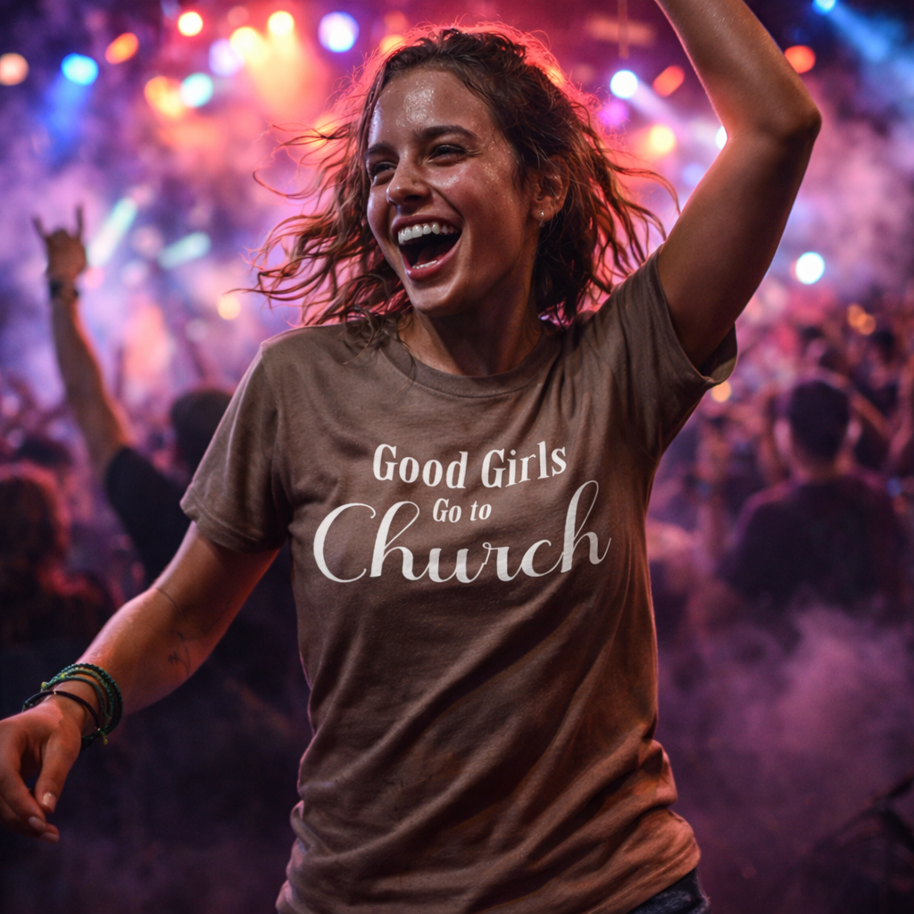 Person wearing a 'Good Girls Go to Church' shirt in a concert setting with colorful lights.