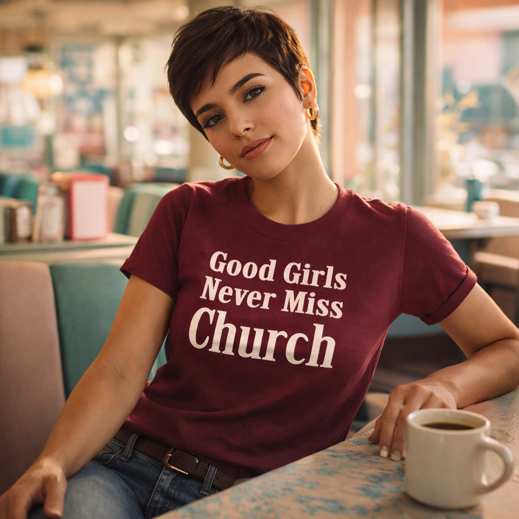 Woman wearing a t-shirt with 'Good Girls Never Miss Church' in a casual setting.