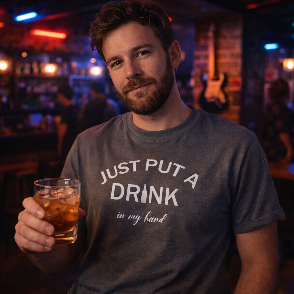 Man holding a drink in a bar wearing a t-shirt with text.