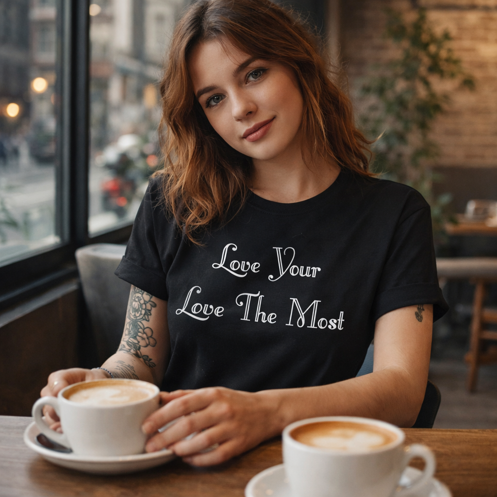 Woman in a black t-shirt with a coffee shop background