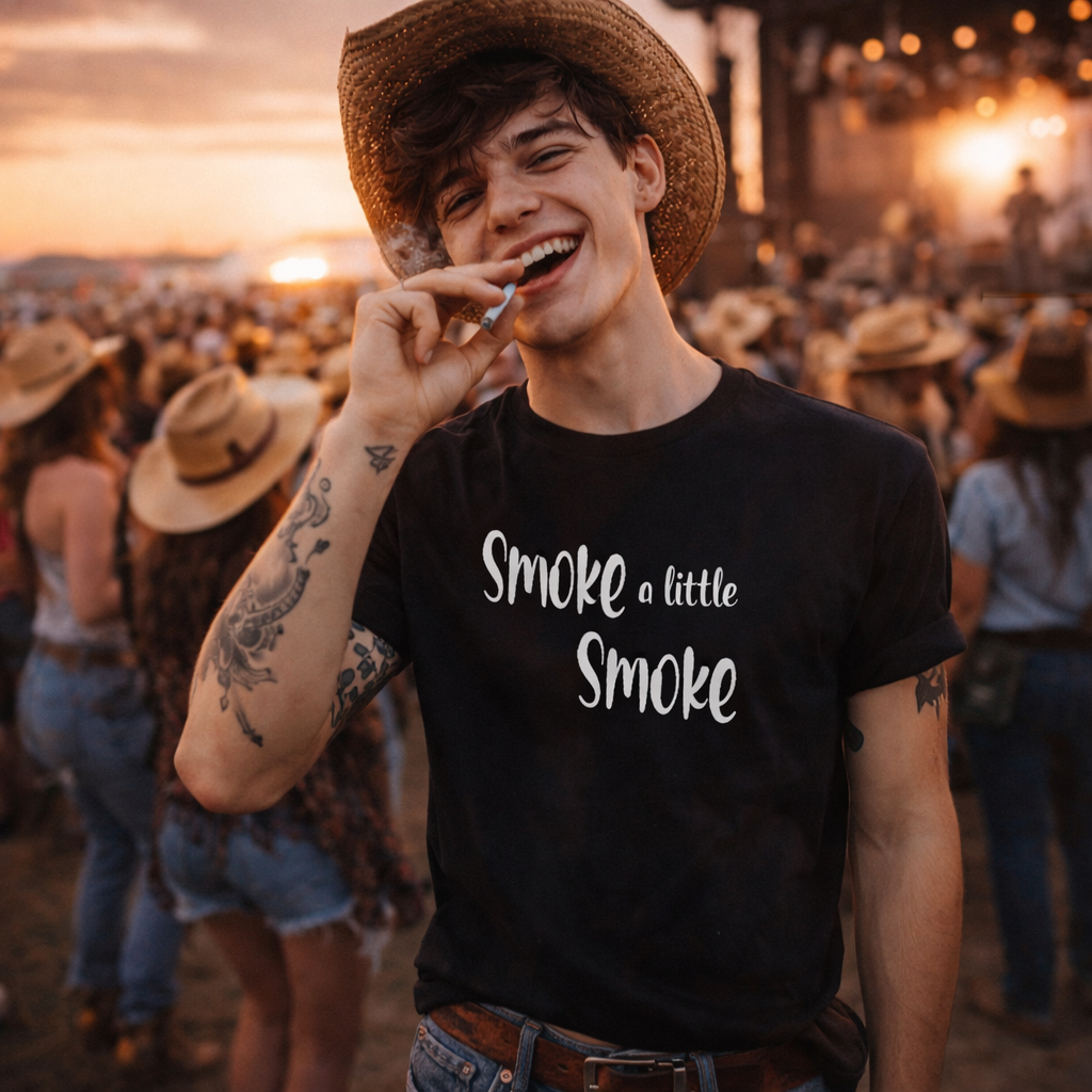 Man wearing a black t-shirt with 'Smoke a little Smoke' text at a concert.