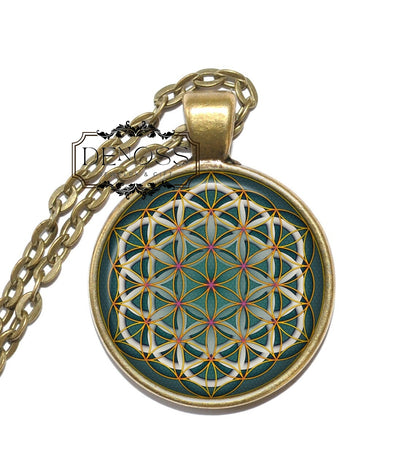FLOWER OF LIFE Necklace,Sacred Geometry,Symbol,Cycle of Life,Magical,Art Pendant Necklace,Glass Pendant