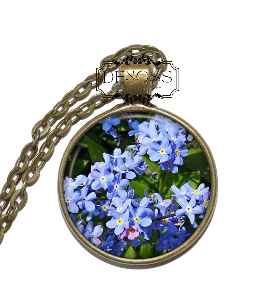 FORGET ME NOT Necklace,Flower Necklace,Myosotis,Art Pendant Necklace,Glass Pendant,Remembrance Gift