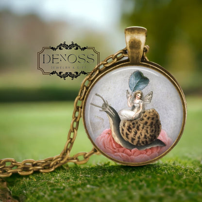 Fairy on Snail Necklace,Victorian Art Pendant,Gardener Gift
