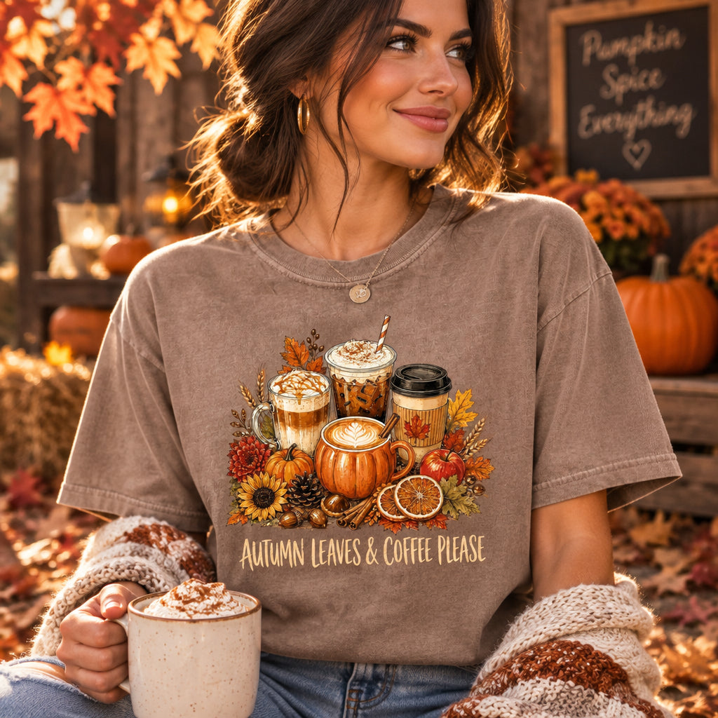 Fall Coffee Shirt, Autumn Leaves Tee, Pumpkin Spice Top, Comfort Colors, Thanksgiving Gift For Her